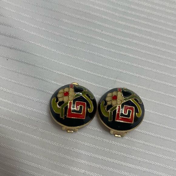 Diane Von Furstenberg DVF Gold Tone Cloisonne Enamel Clip Earrings VTG RARE - Picture 3 of 8